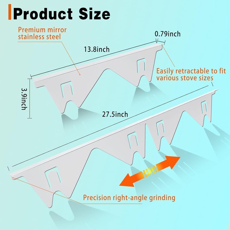 ALMCALS Stove Gap Covers Stainless Steel, 2 Pack Stove Gap Filler Easy Retractable Length 13.8" to 27.5", Width 0.79" Stove Gap Guards Range Trim Kit, Heat Resistant Guard Between Stove Top & Counter - Image 2